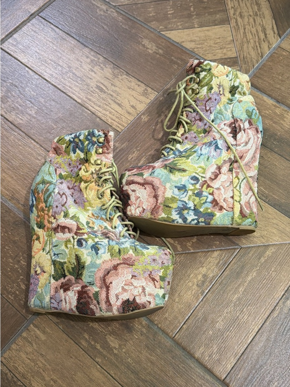 Jeffrey Campbell Floral Tapestry Lace-Up Wedge Booties - Green, Pink, Blue